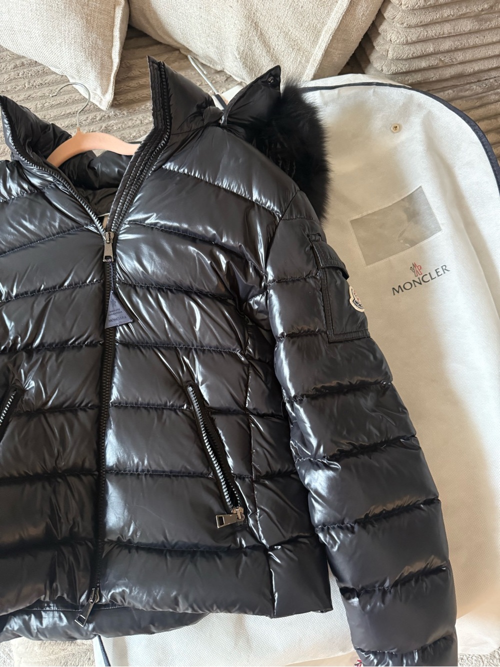 Moncler Black Glossy Down Puffer Jacket with Fur-Trim Hood